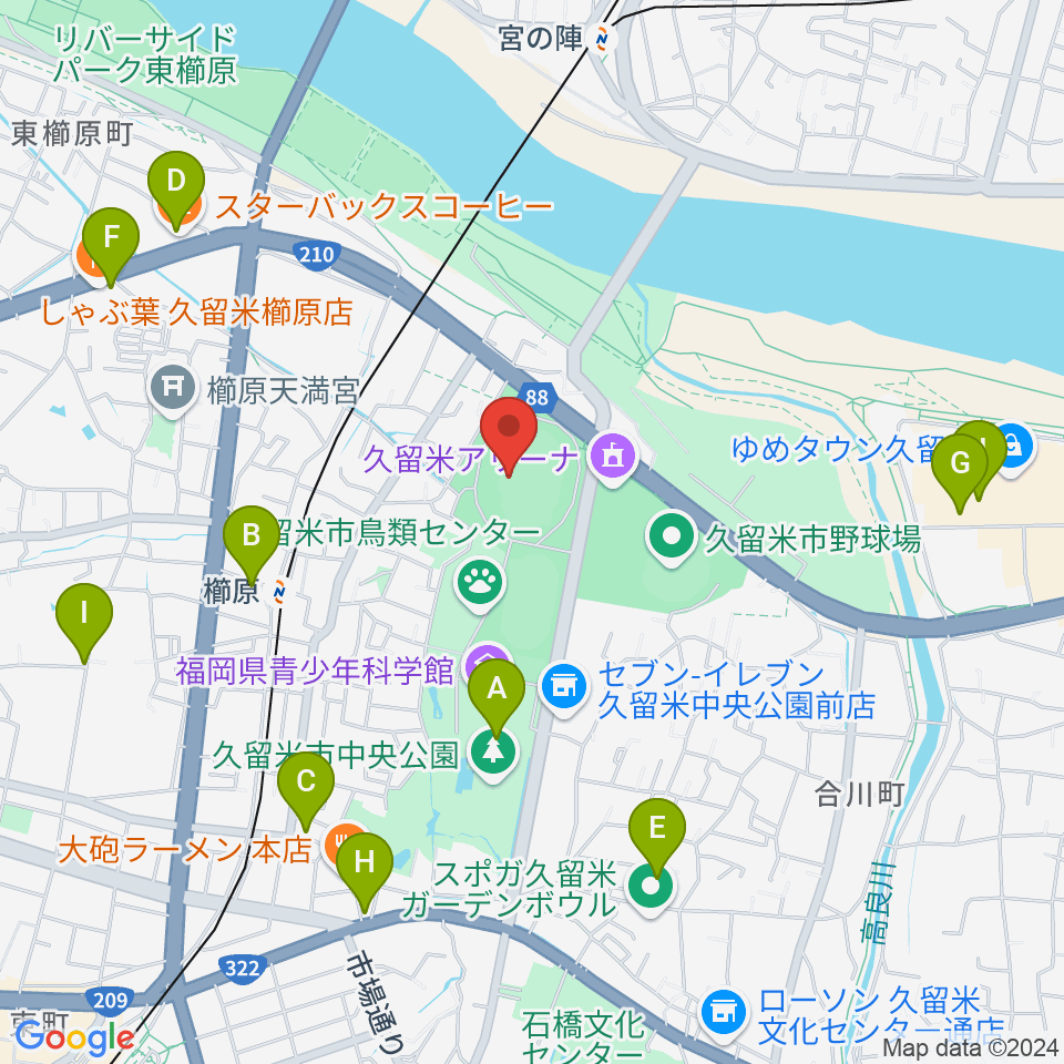 福岡県立久留米総合スポーツセンター陸上競技場周辺のカフェ一覧地図