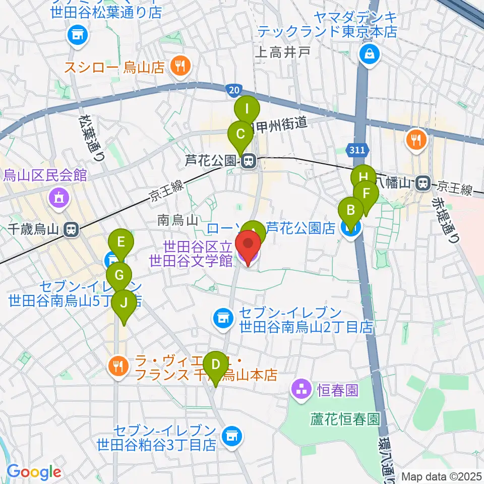 世田谷文学館周辺のカフェ一覧地図