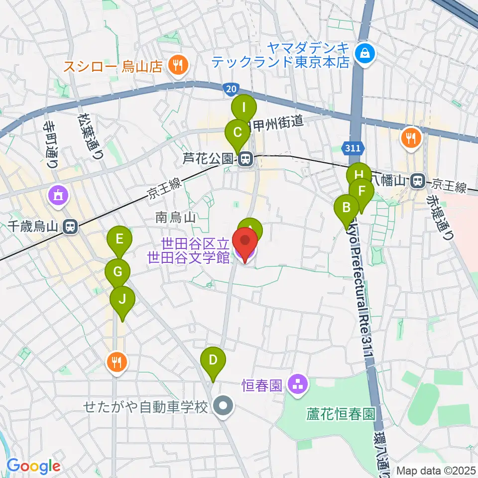 世田谷文学館周辺のカフェ一覧地図
