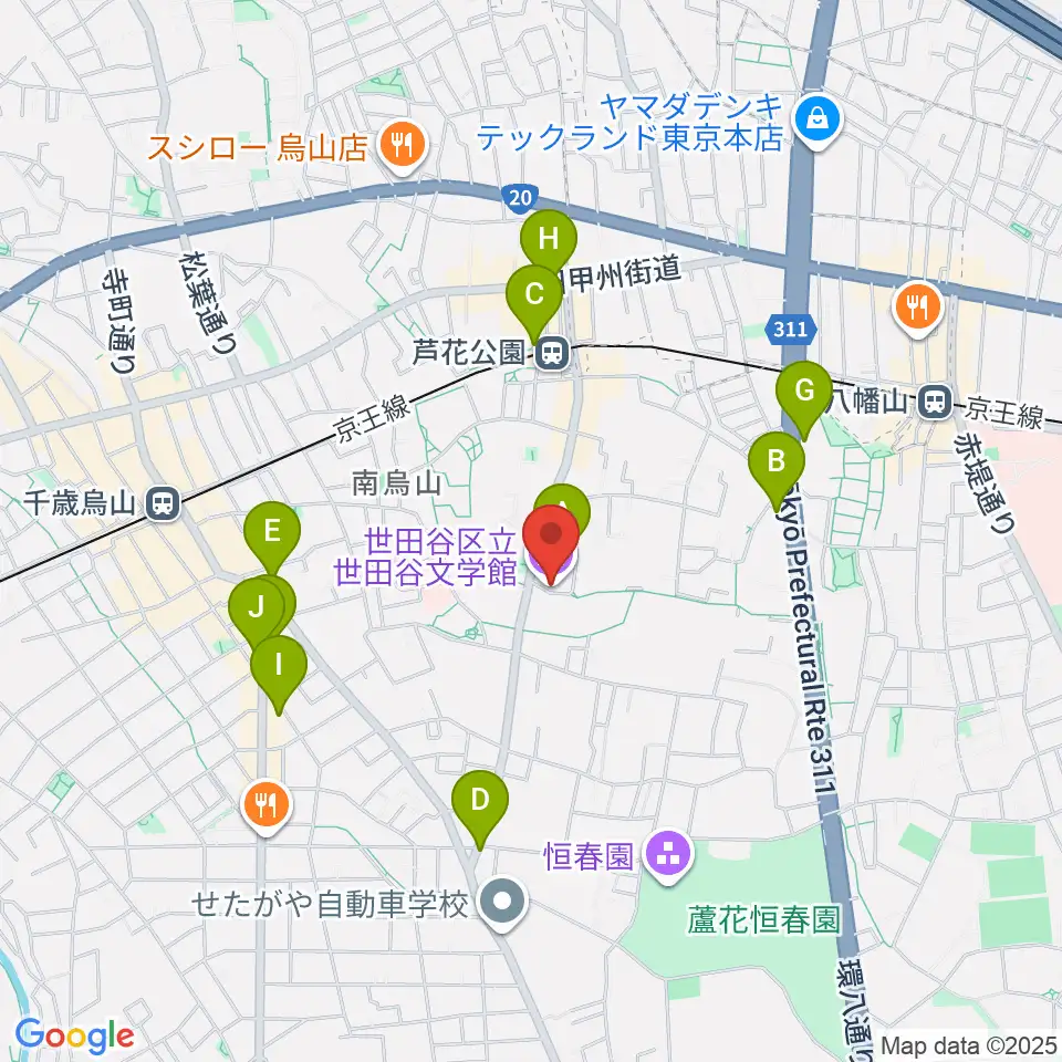 世田谷文学館周辺のカフェ一覧地図