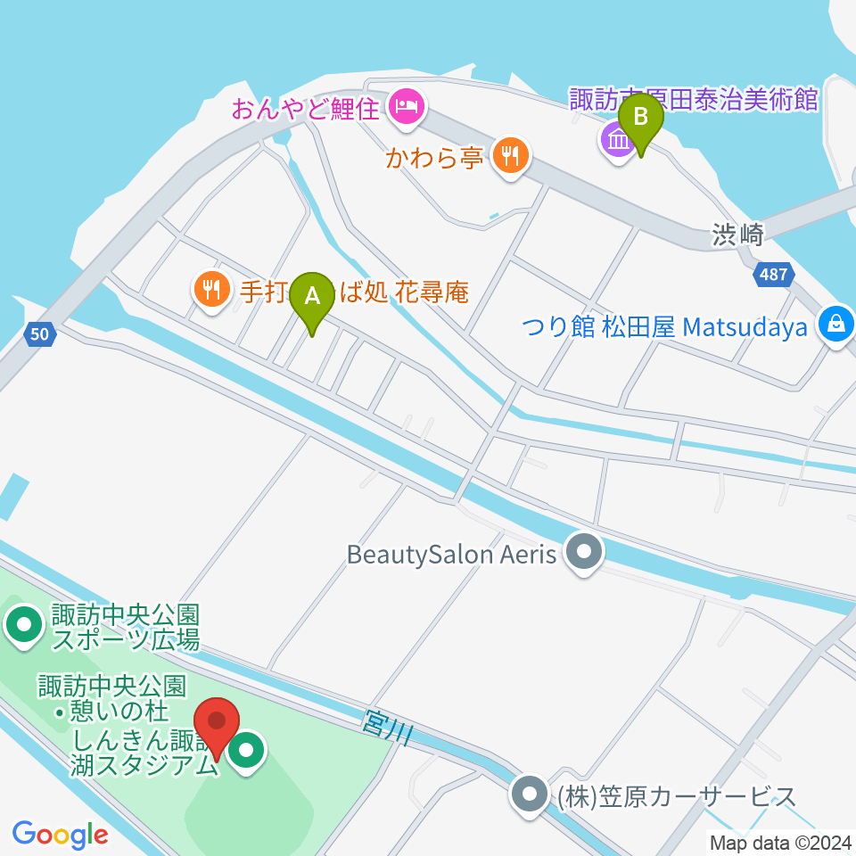 しんきん諏訪湖スタジアム周辺のカフェ一覧地図