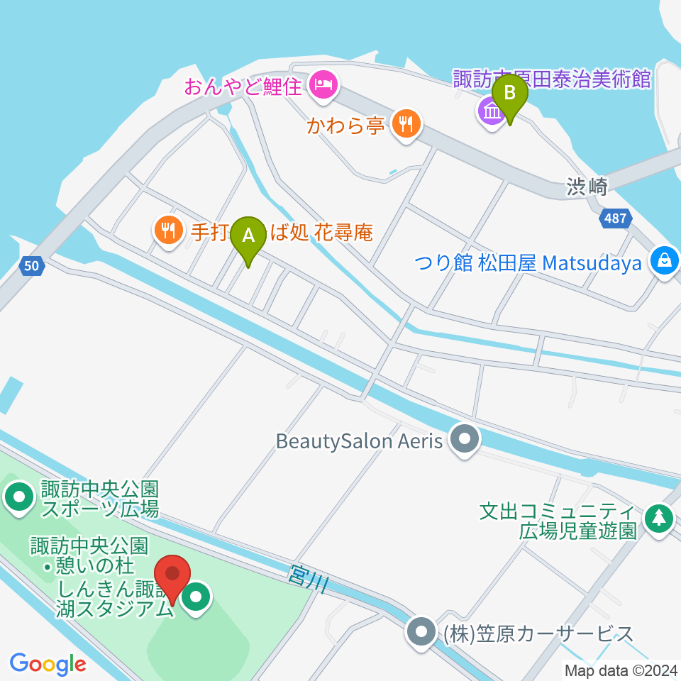 しんきん諏訪湖スタジアム周辺のカフェ一覧地図