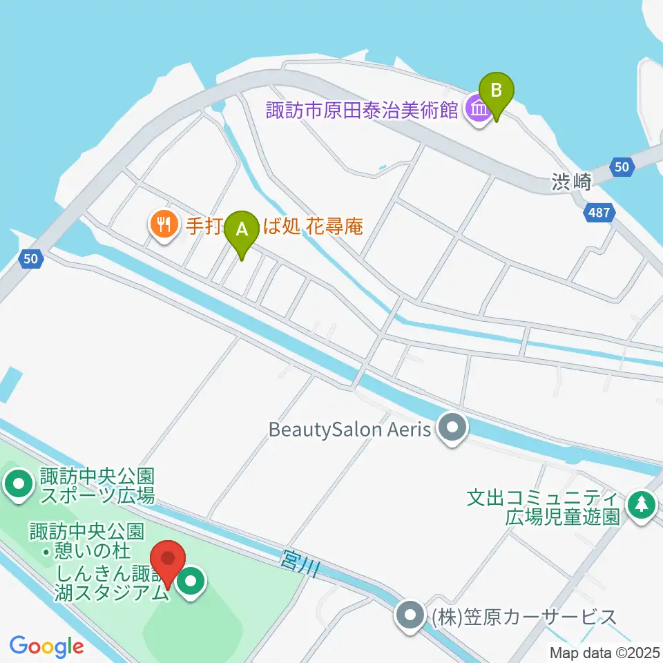 しんきん諏訪湖スタジアム周辺のカフェ一覧地図