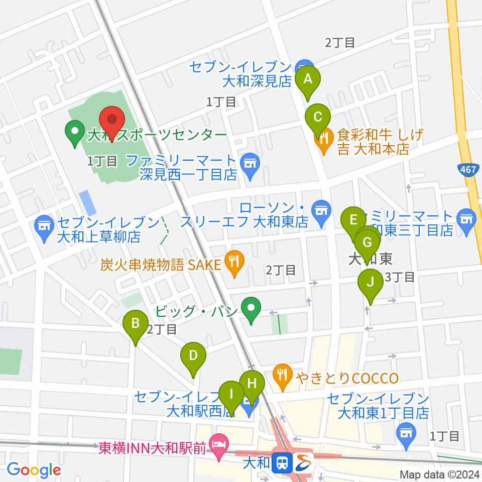 大和なでしこスタジアム周辺のカフェ一覧地図