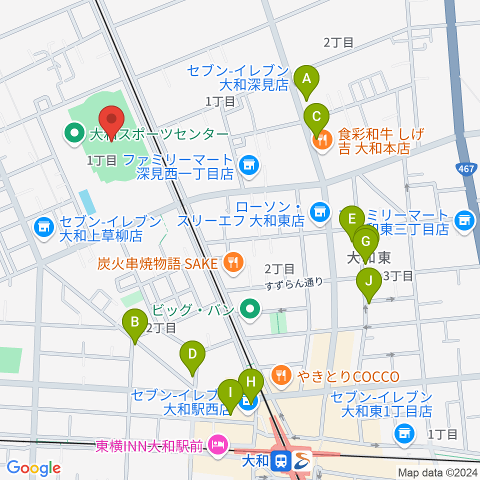 大和なでしこスタジアム周辺のカフェ一覧地図