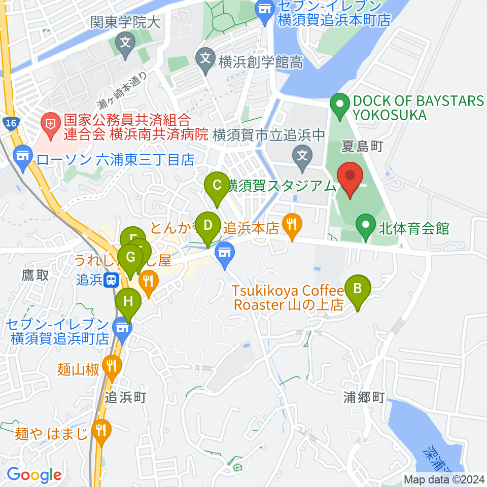 横須賀スタジアム周辺のカフェ一覧地図