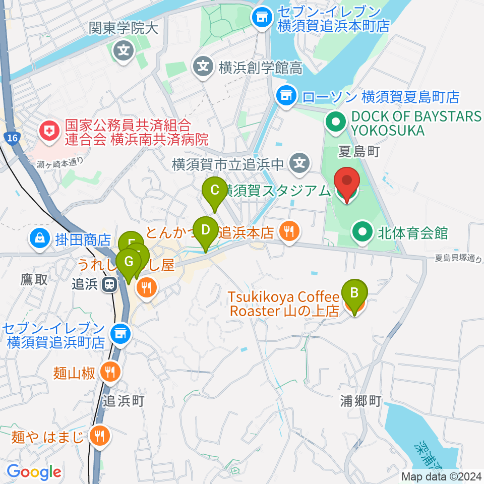 横須賀スタジアム周辺のカフェ一覧地図