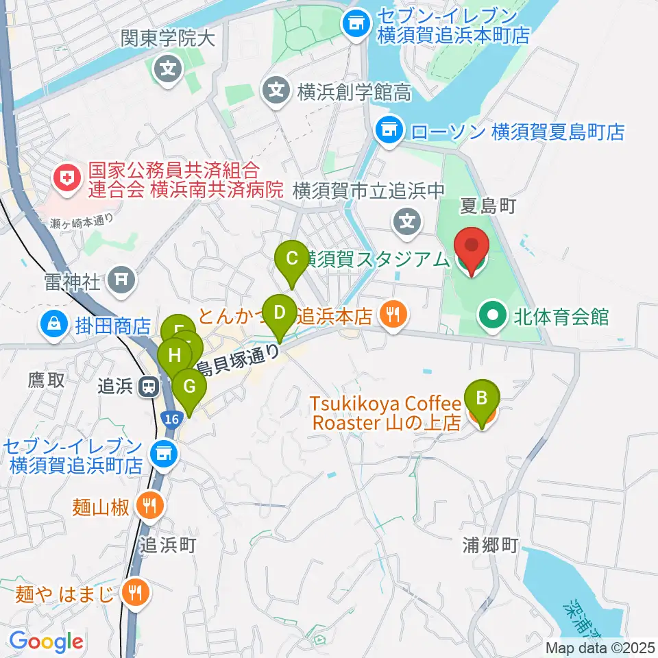 横須賀スタジアム周辺のカフェ一覧地図
