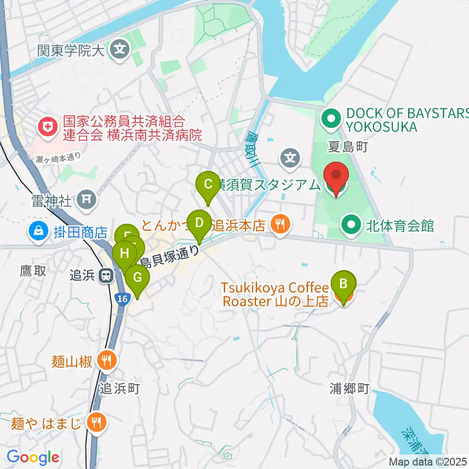 横須賀スタジアム周辺のカフェ一覧地図