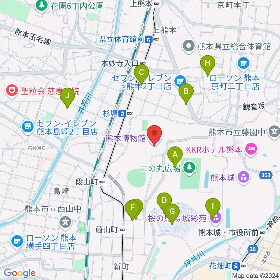 熊本博物館周辺のカフェ一覧地図