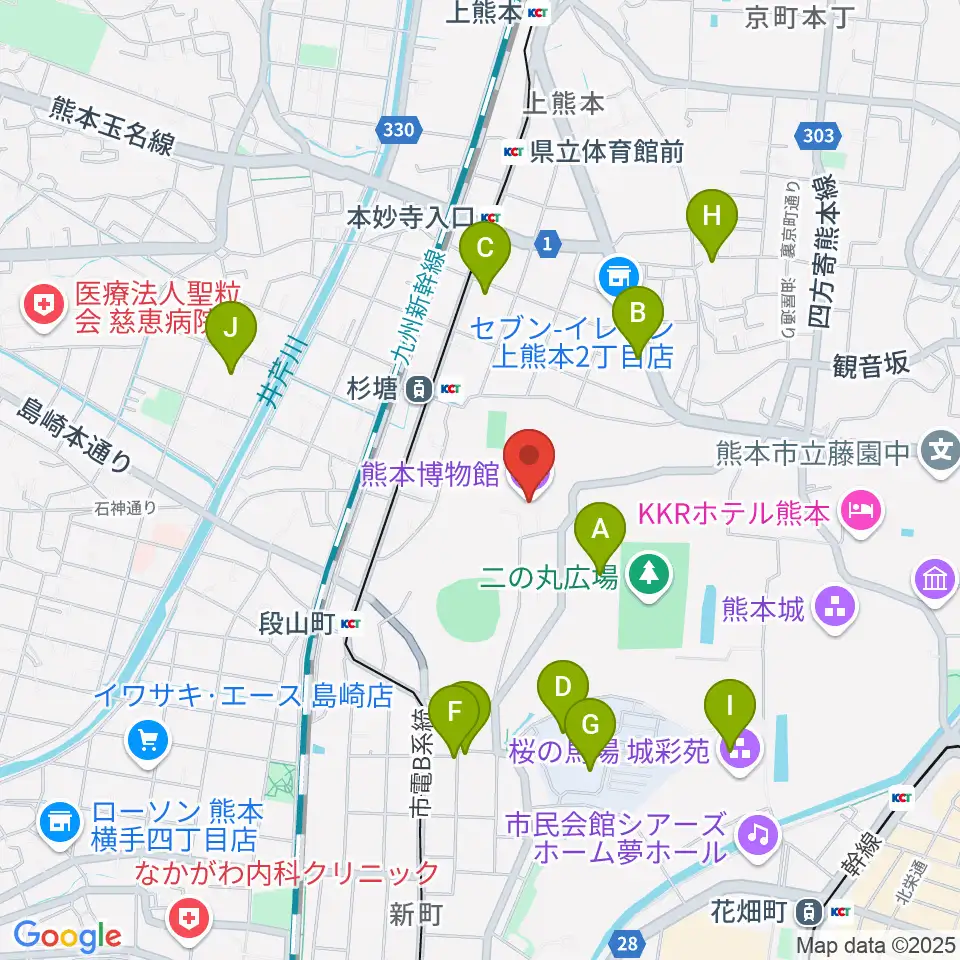 熊本博物館周辺のカフェ一覧地図