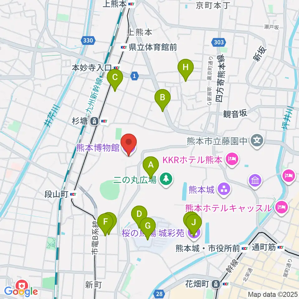 熊本博物館周辺のカフェ一覧地図