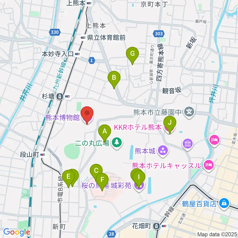 熊本博物館周辺のカフェ一覧地図