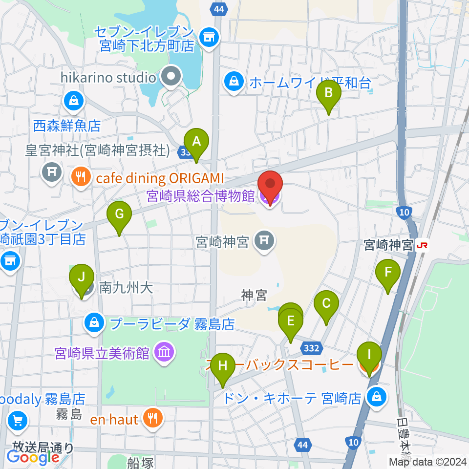 宮崎県総合博物館周辺のカフェ一覧地図