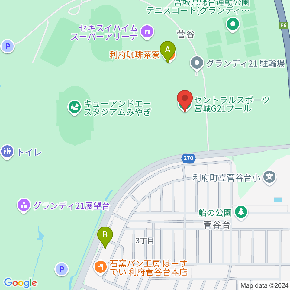 セントラルスポーツ宮城G21プール周辺のカフェ一覧地図