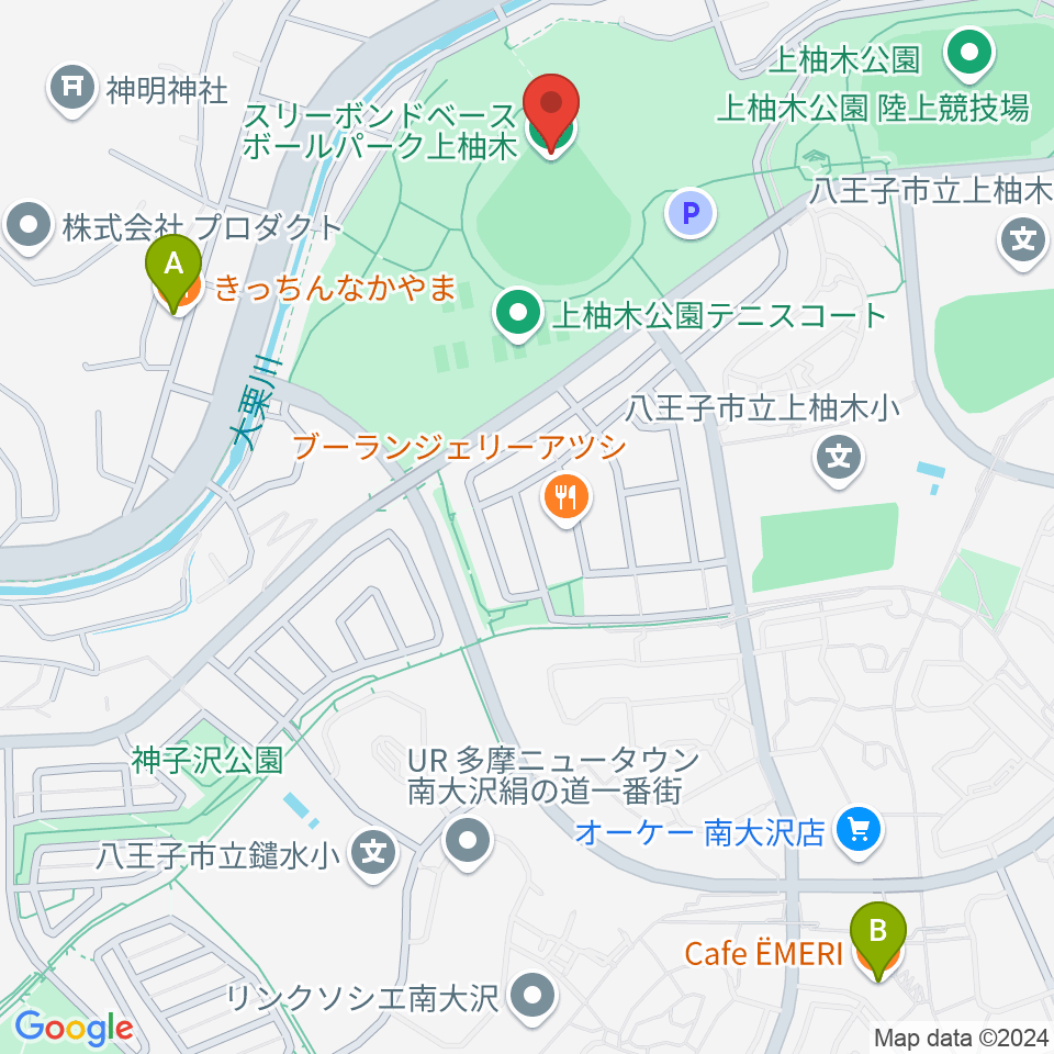 スリーボンドベースボールパーク上柚木周辺のカフェ一覧地図