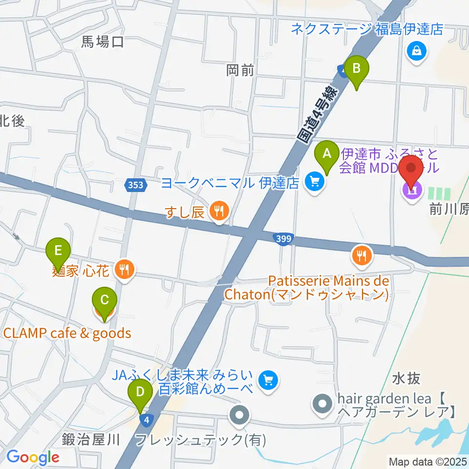 伊達市ふるさと会館MDDホール周辺のカフェ一覧地図