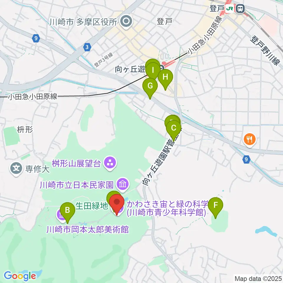 かわさき宙(そら)と緑の科学館周辺のカフェ一覧地図