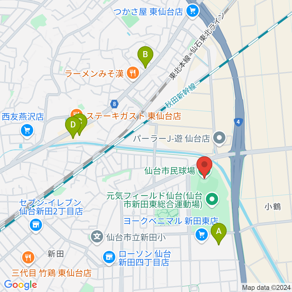 仙台市民球場周辺のカフェ一覧地図