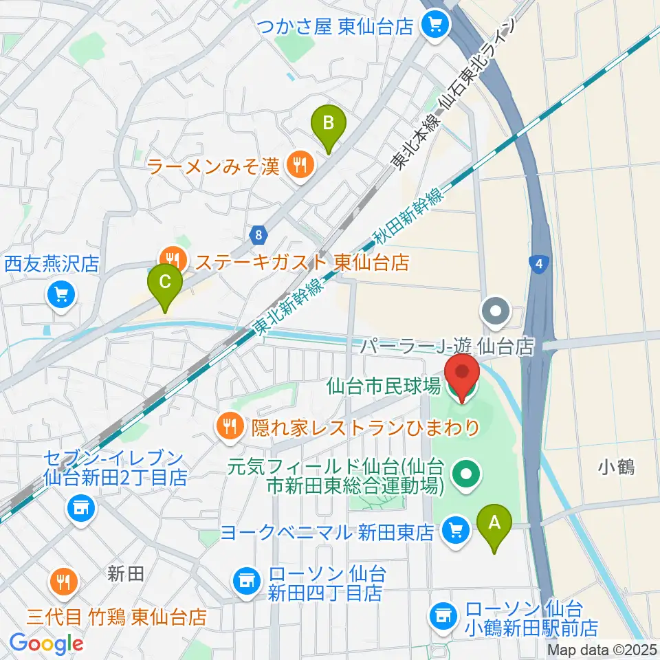 仙台市民球場周辺のカフェ一覧地図
