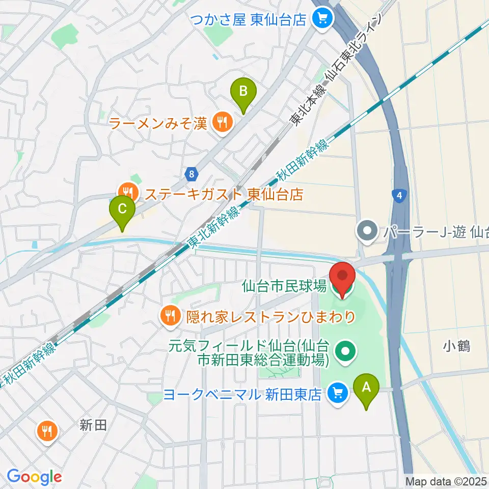 仙台市民球場周辺のカフェ一覧地図