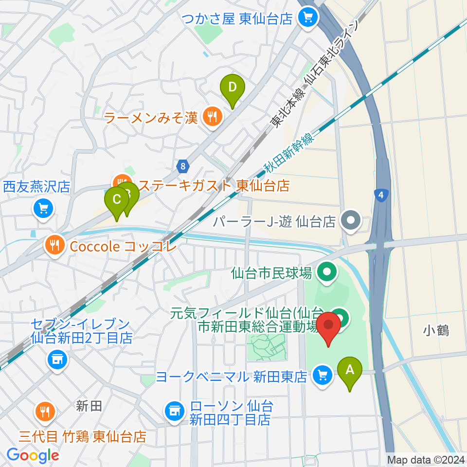 元気フィールド仙台宮城野体育館周辺のカフェ一覧地図