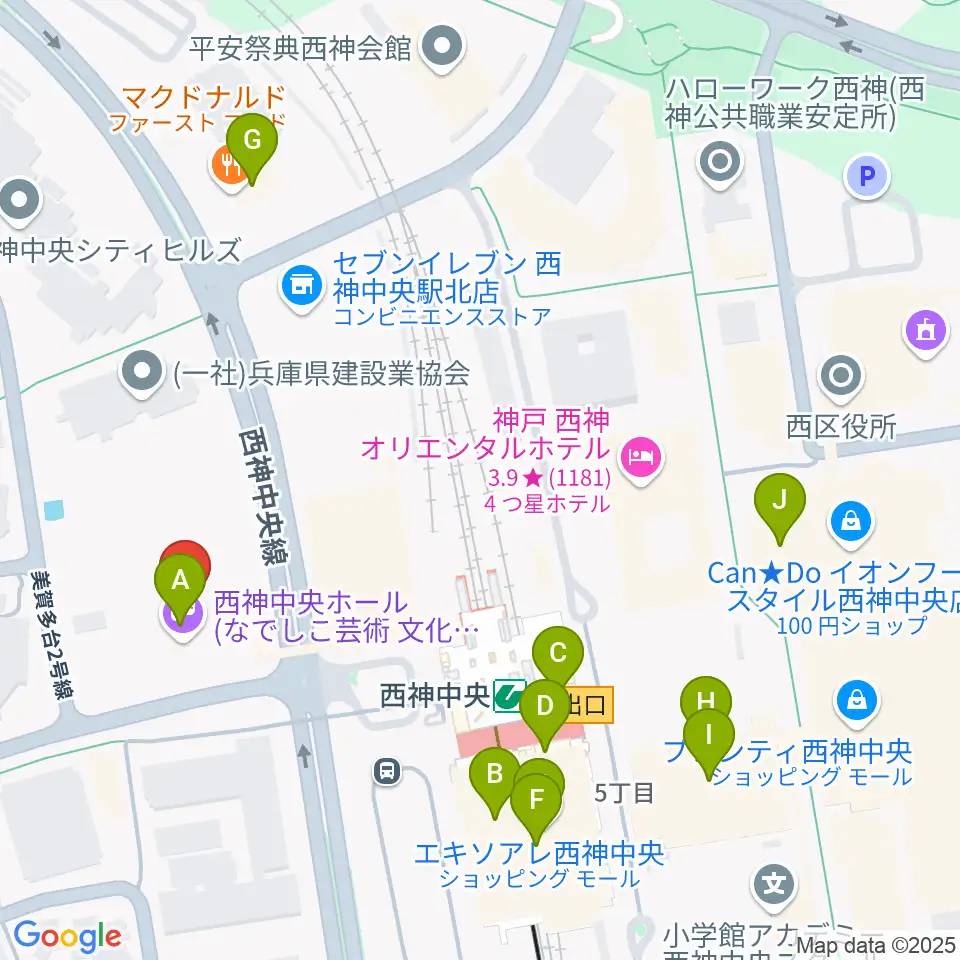 西神中央ホール周辺のカフェ一覧地図