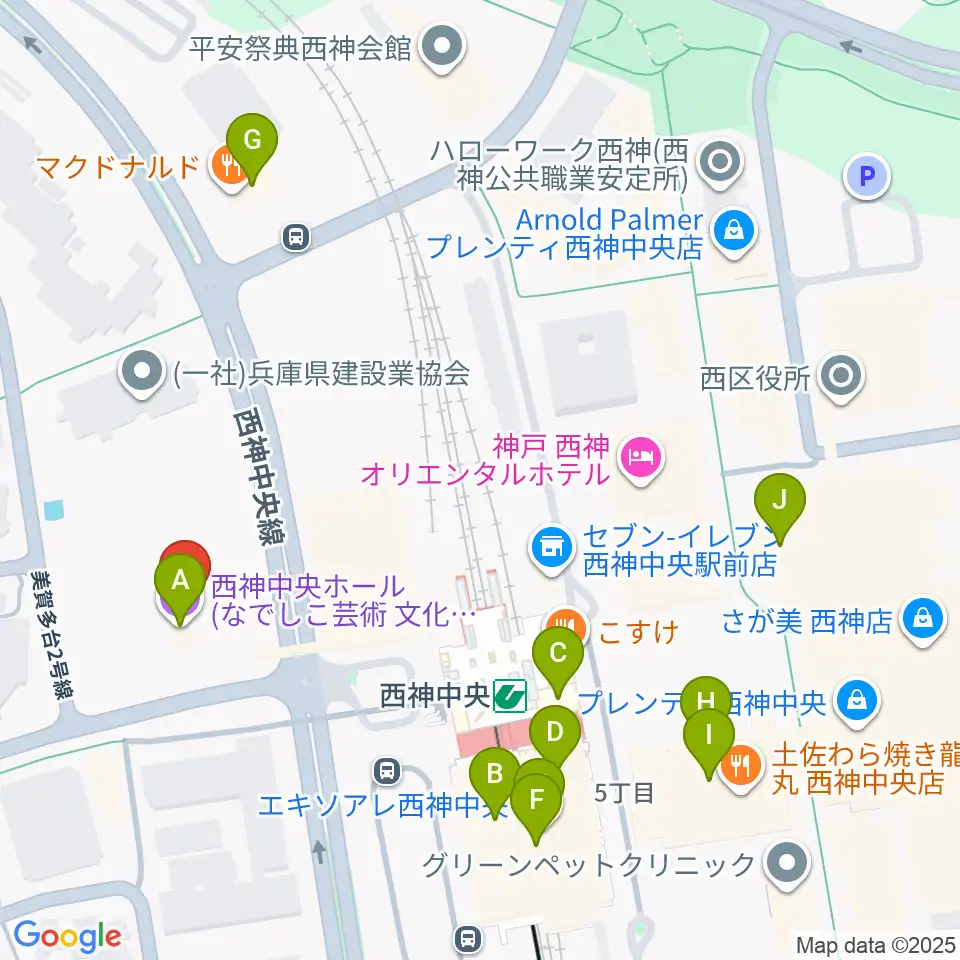 西神中央ホール周辺のカフェ一覧地図
