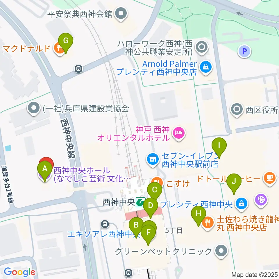 西神中央ホール周辺のカフェ一覧地図
