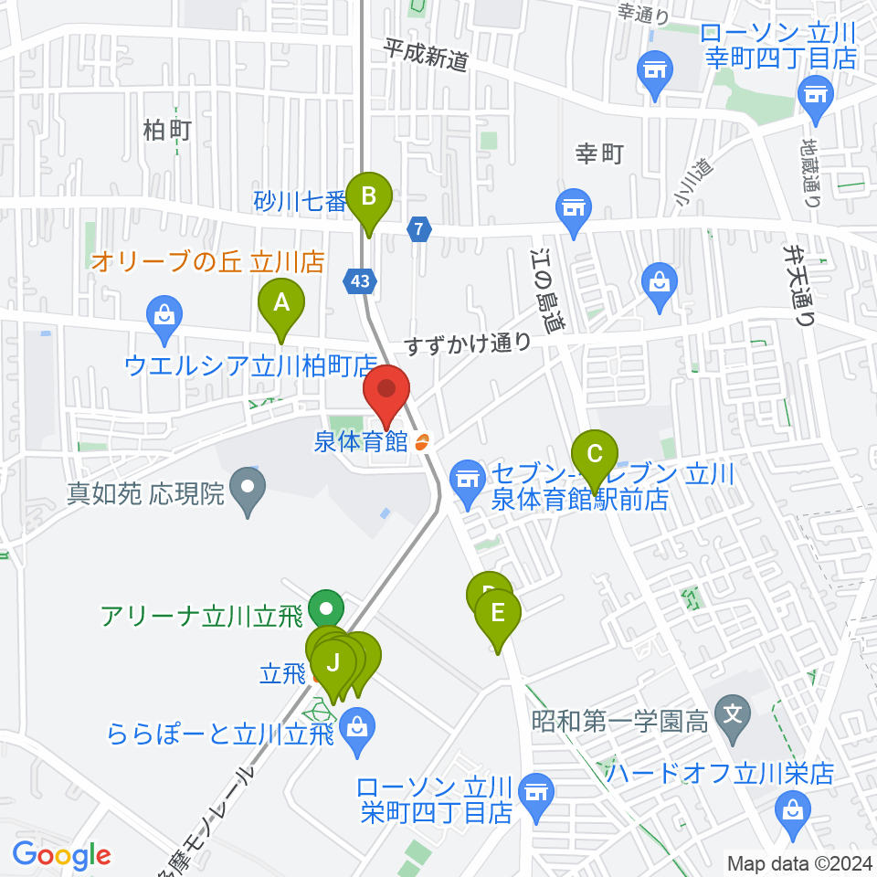 立川市泉市民体育館周辺のカフェ一覧地図