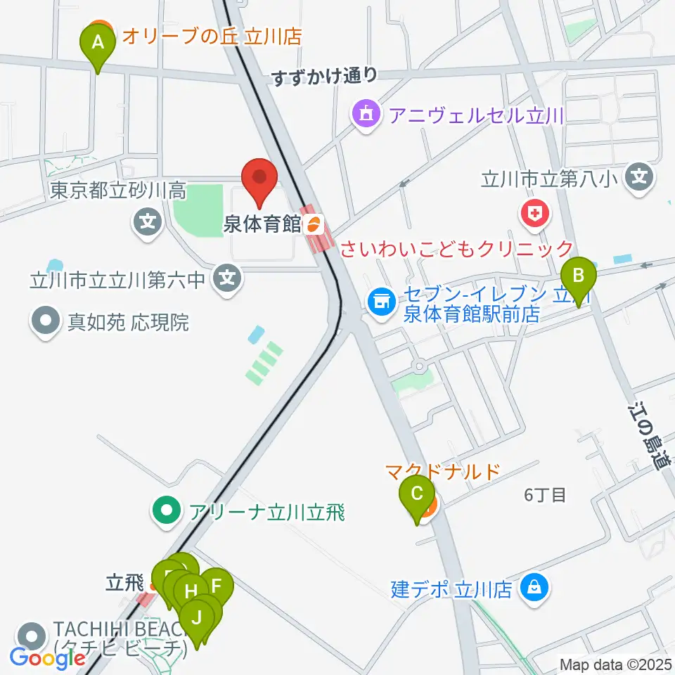 立川市泉市民体育館周辺のカフェ一覧地図