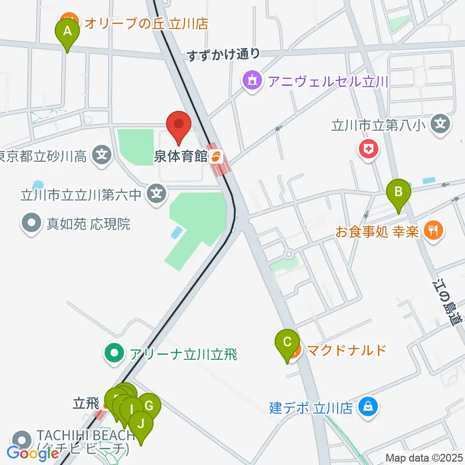 立川市泉市民体育館周辺のカフェ一覧地図