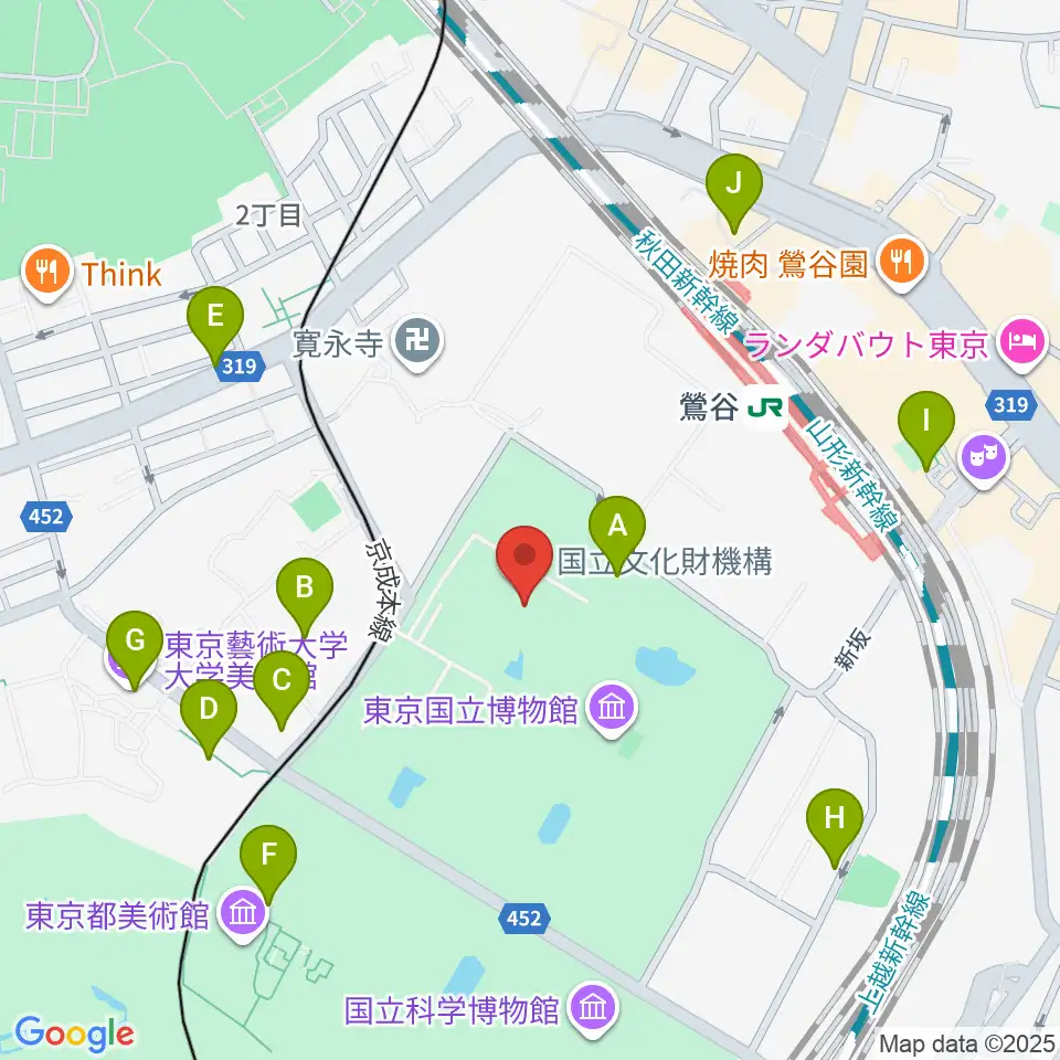 東京国立博物館・平成館周辺のカフェ一覧地図
