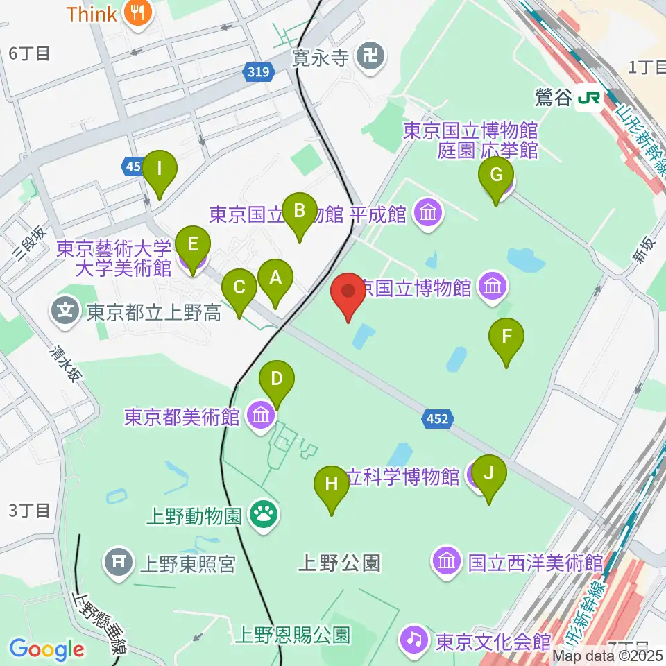 東京国立博物館・法隆寺宝物館周辺のカフェ一覧地図
