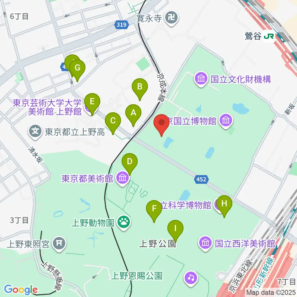 東京国立博物館・法隆寺宝物館周辺のカフェ一覧地図