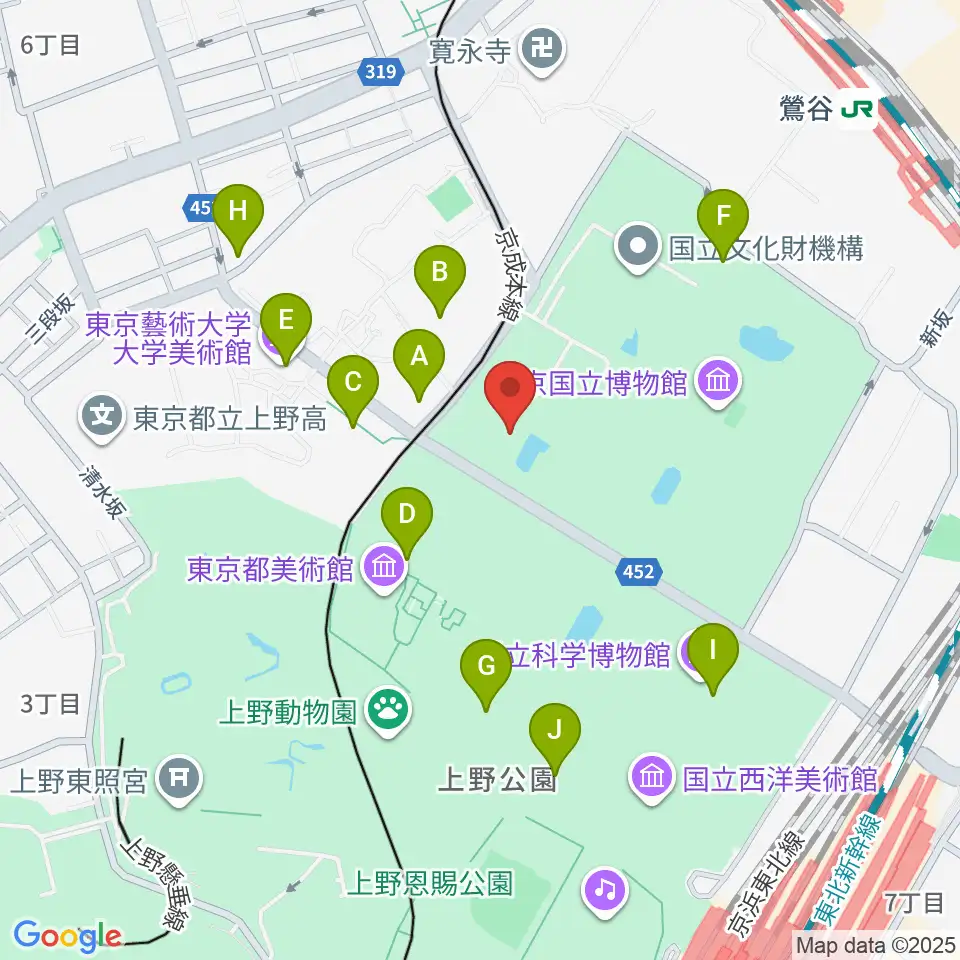 東京国立博物館・法隆寺宝物館周辺のカフェ一覧地図