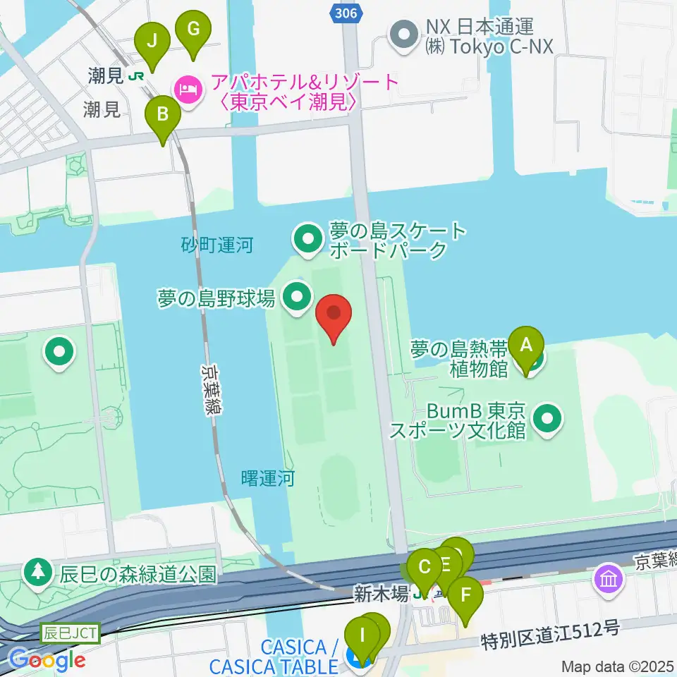 夢の島野球場周辺のカフェ一覧地図