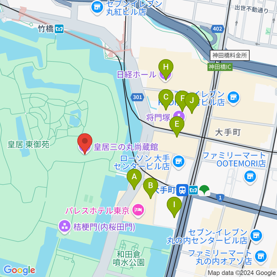 皇居三の丸尚蔵館周辺のカフェ一覧地図