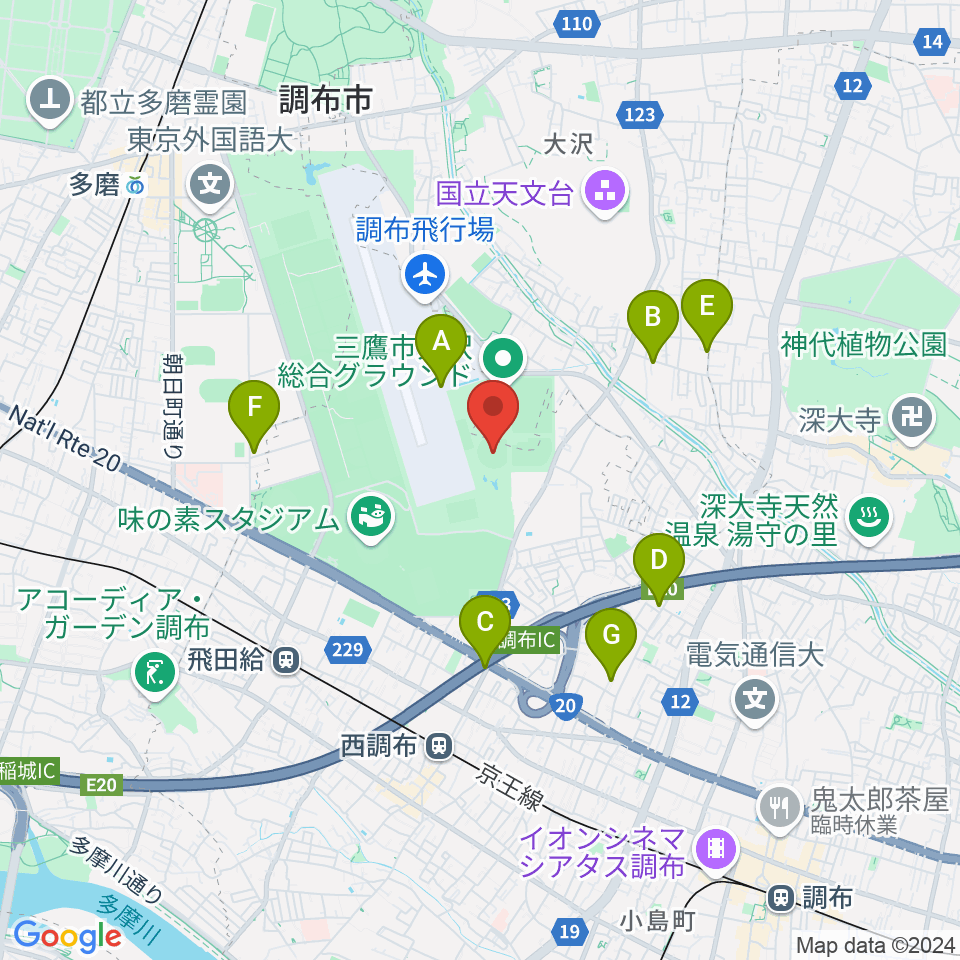 調布市民西町野球場周辺のカフェ一覧地図