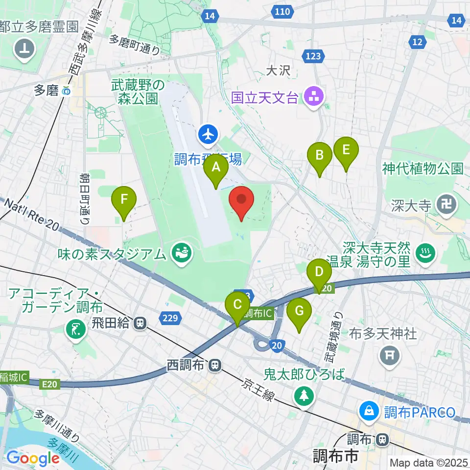 調布市民西町野球場周辺のカフェ一覧地図