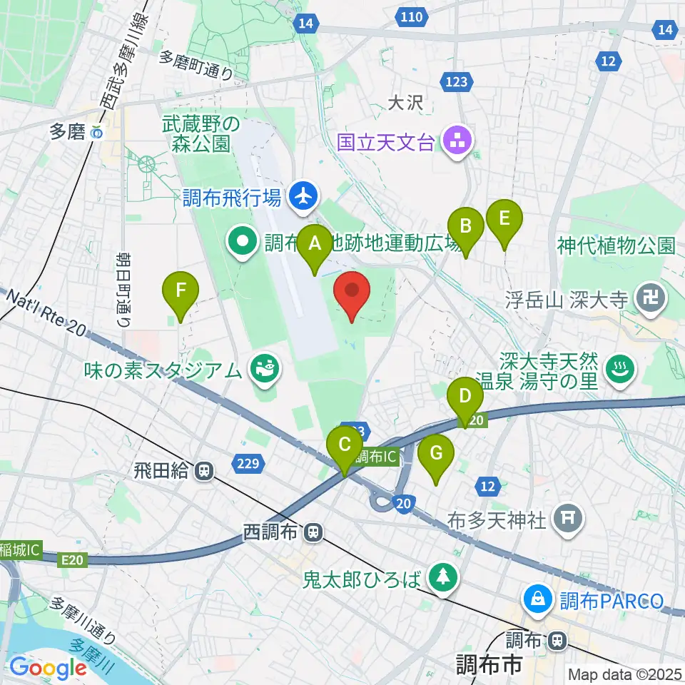 調布市民西町野球場周辺のカフェ一覧地図