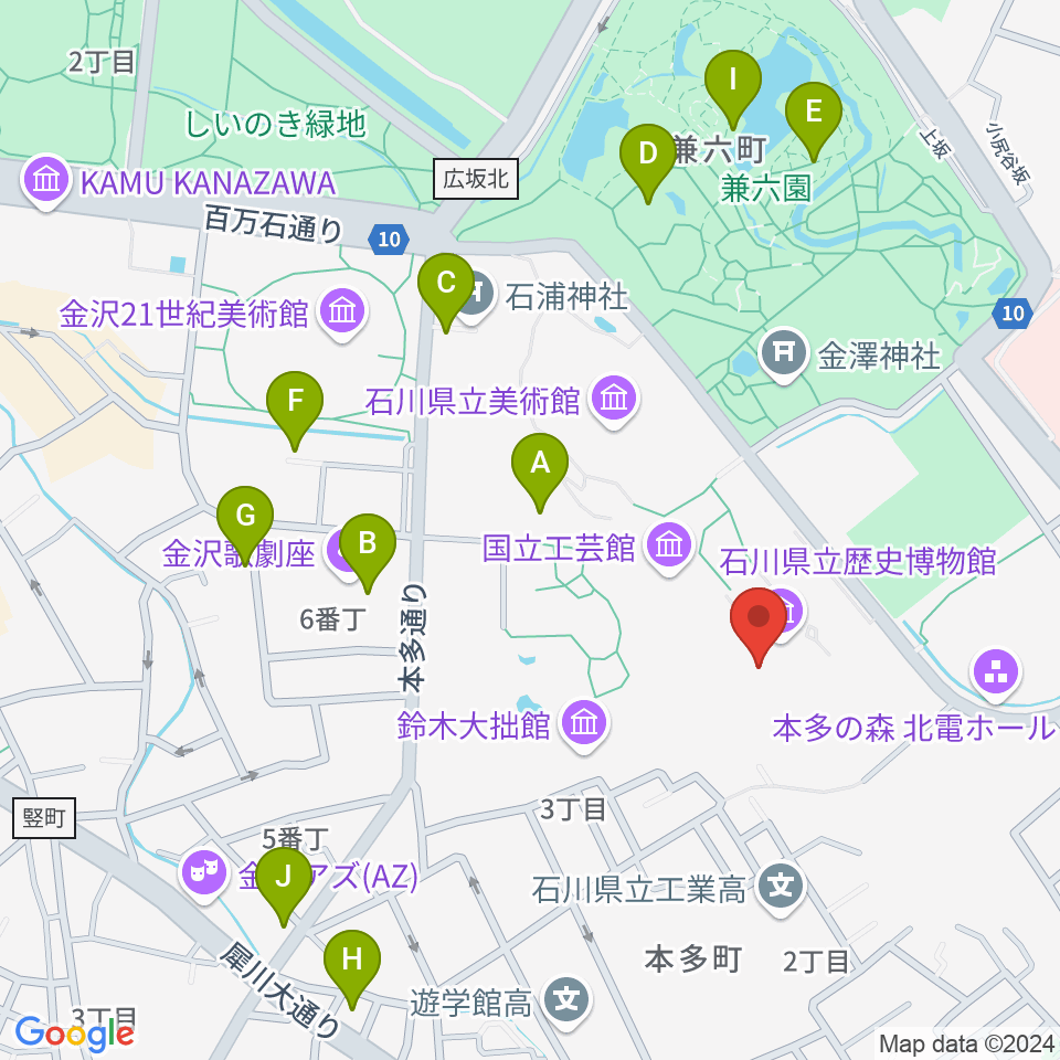 加賀本多博物館周辺のカフェ一覧地図