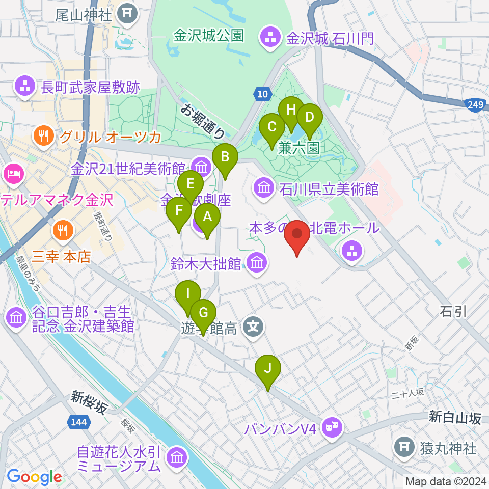 加賀本多博物館周辺のカフェ一覧地図