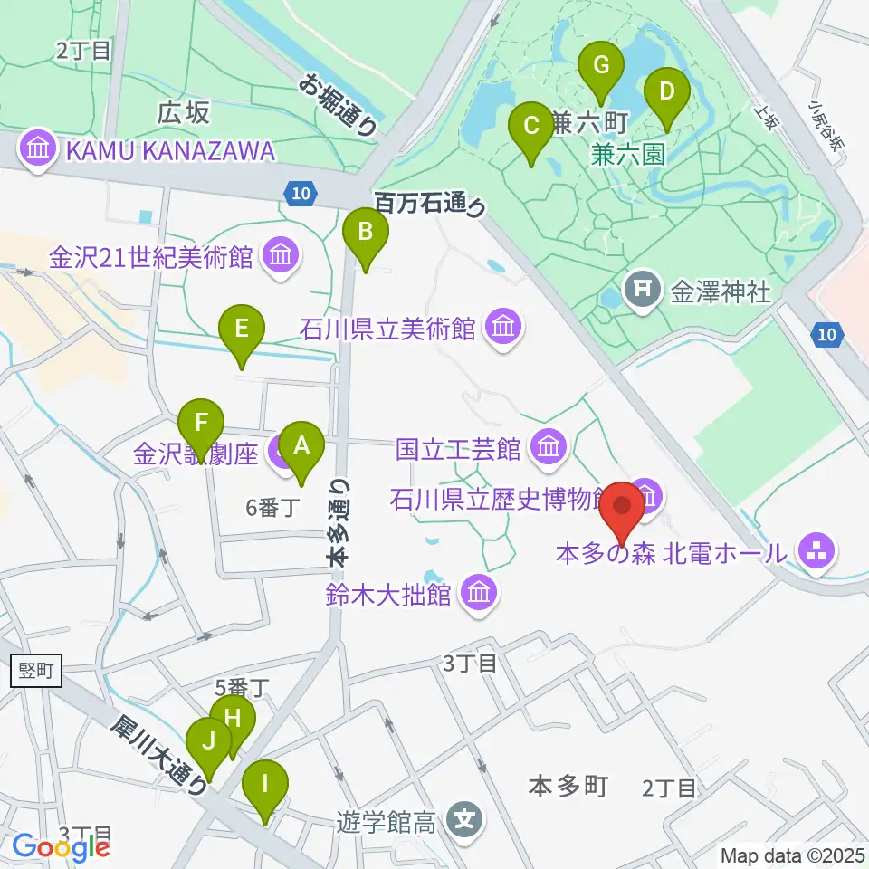 加賀本多博物館周辺のカフェ一覧地図