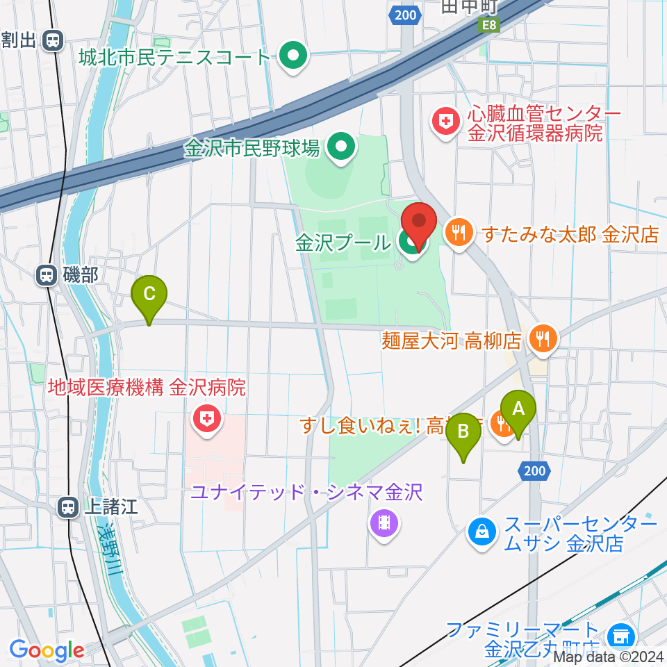 金沢プール周辺のカフェ一覧地図