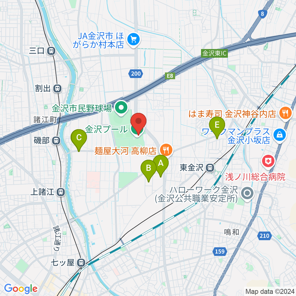 金沢プール周辺のカフェ一覧地図