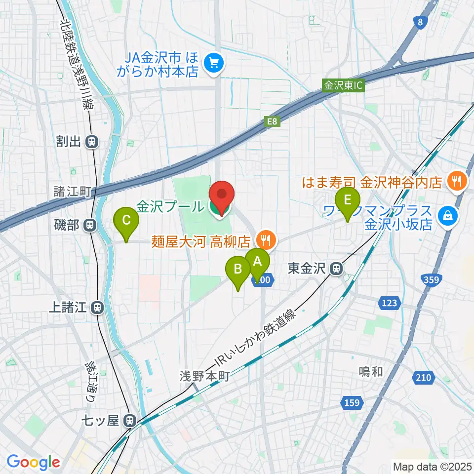 金沢プール周辺のカフェ一覧地図