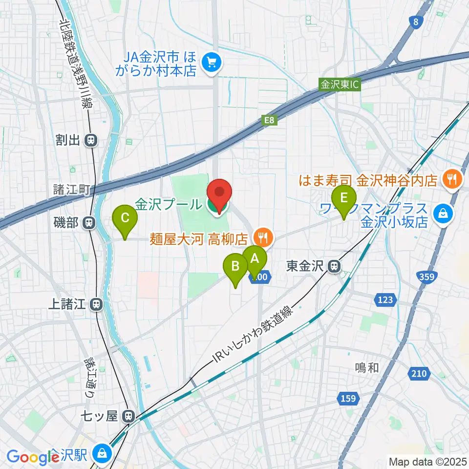 金沢プール周辺のカフェ一覧地図