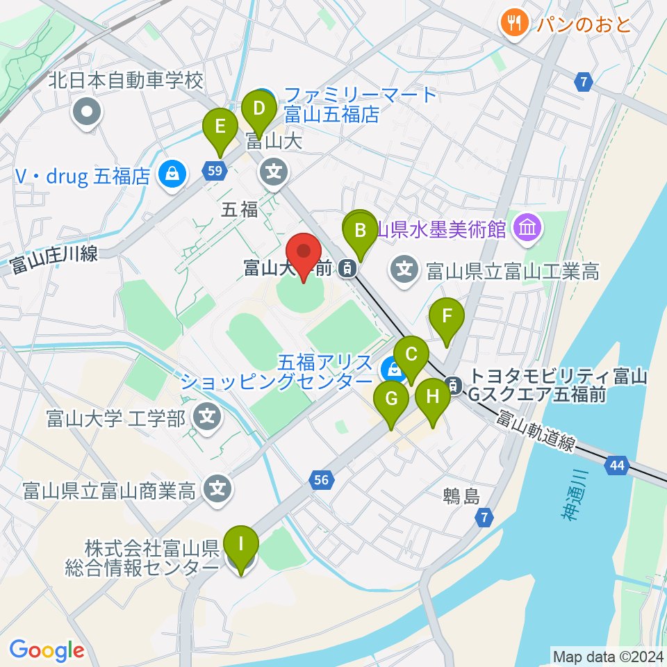 県営富山野球場周辺のカフェ一覧地図