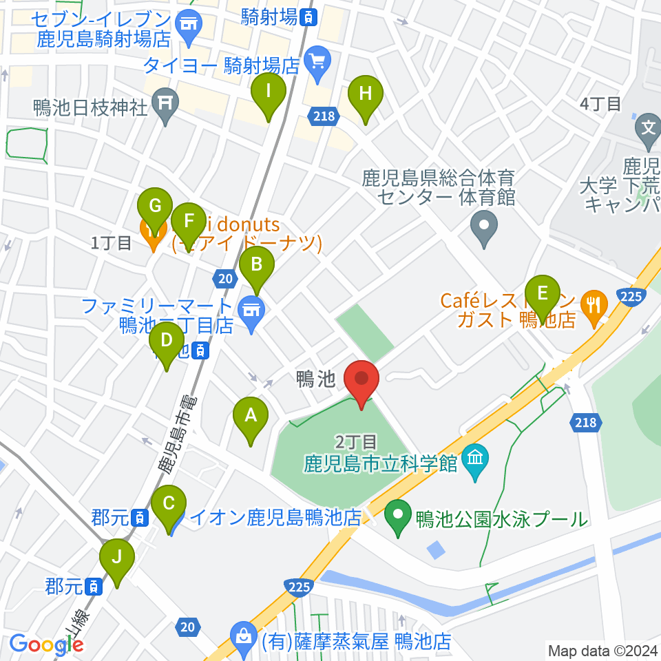 鴨池市民球場周辺のカフェ一覧地図